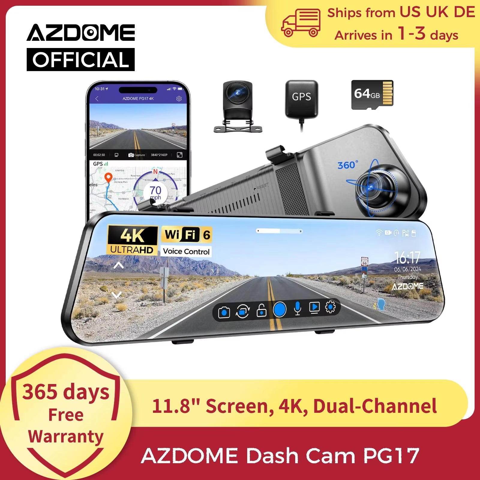 📷 AZDOME PG17 12-Inch WiFi Mirror Dash Cam with 2.5K Front and 1080P Rear Camera – Dual Waterproof Backup Solution for Vehicles