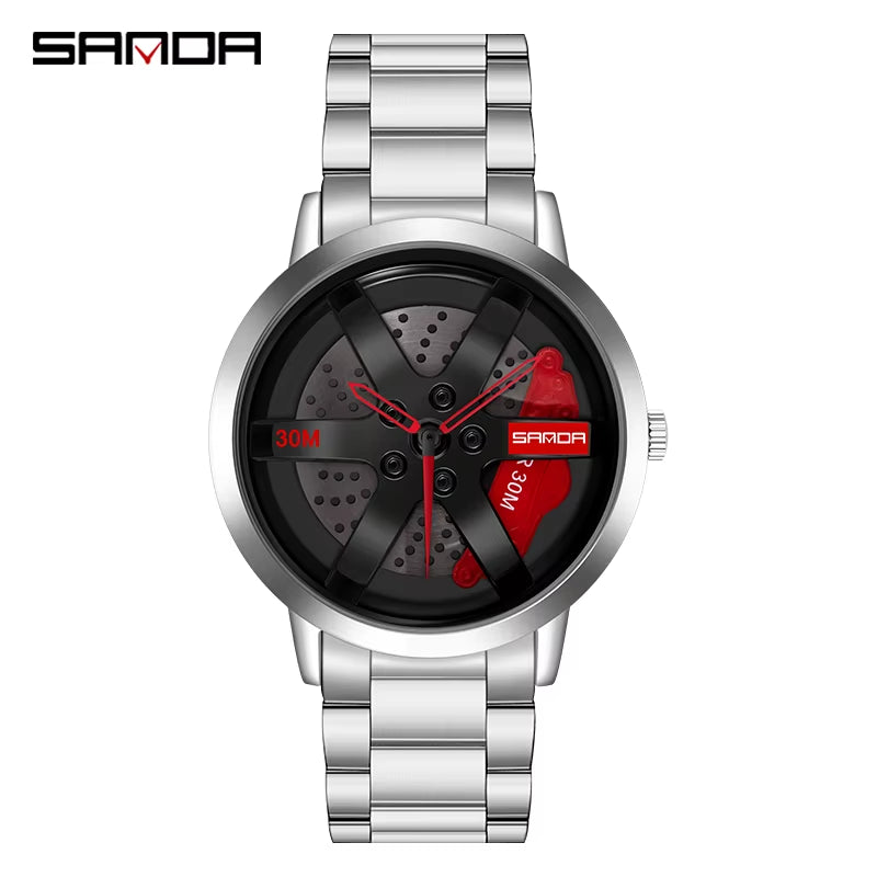 SANDA Men's Luxury Rotating Sport Watch, Stainless Steel Band, 3 Bar Water Resistance, Quartz Precision, Racing Wheel Design