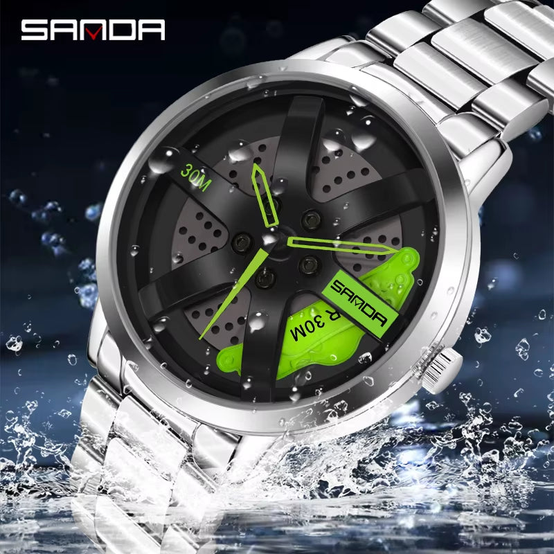 SANDA Men's Luxury Rotating Sport Watch, Stainless Steel Band, 3 Bar Water Resistance, Quartz Precision, Racing Wheel Design