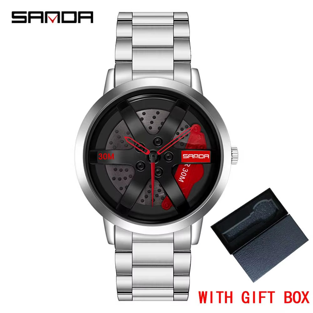 SANDA Men's Luxury Rotating Sport Watch, Stainless Steel Band, 3 Bar Water Resistance, Quartz Precision, Racing Wheel Design