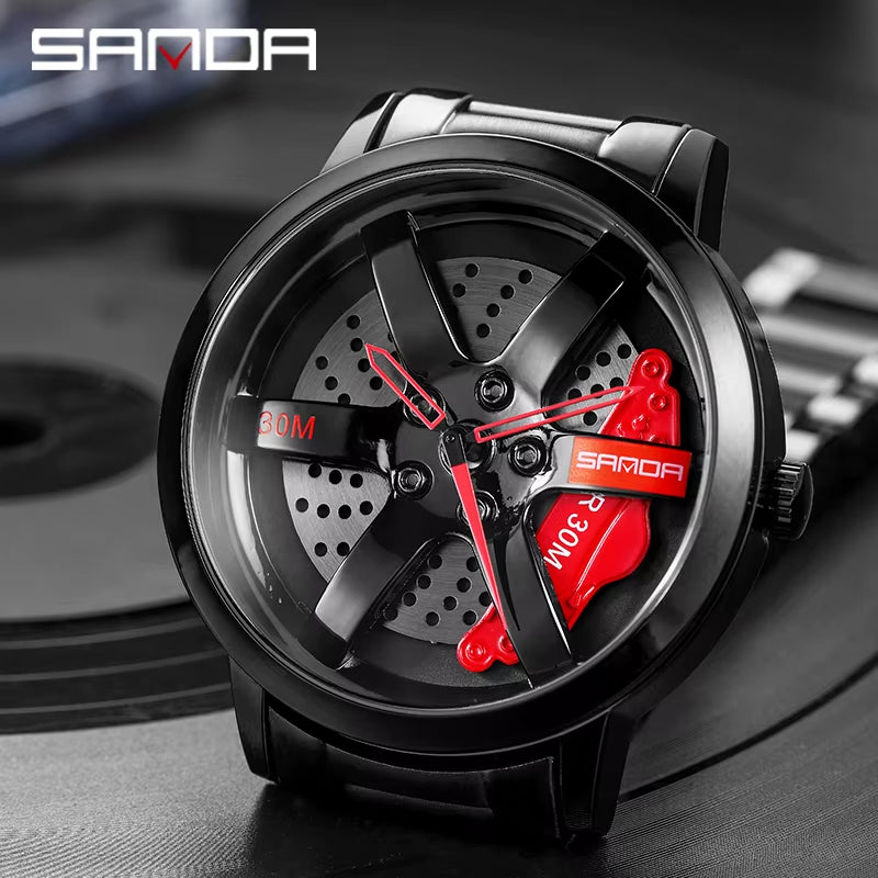 SANDA Men's Luxury Rotating Sport Watch, Stainless Steel Band, 3 Bar Water Resistance, Quartz Precision, Racing Wheel Design