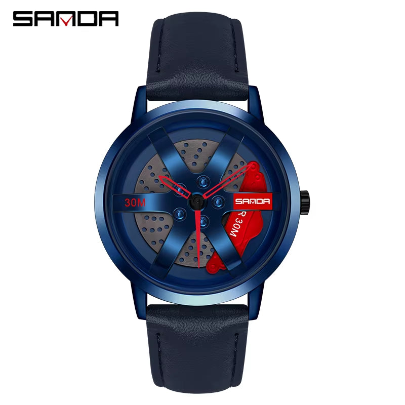 SANDA Men's Luxury Rotating Sport Watch, Stainless Steel Band, 3 Bar Water Resistance, Quartz Precision, Racing Wheel Design