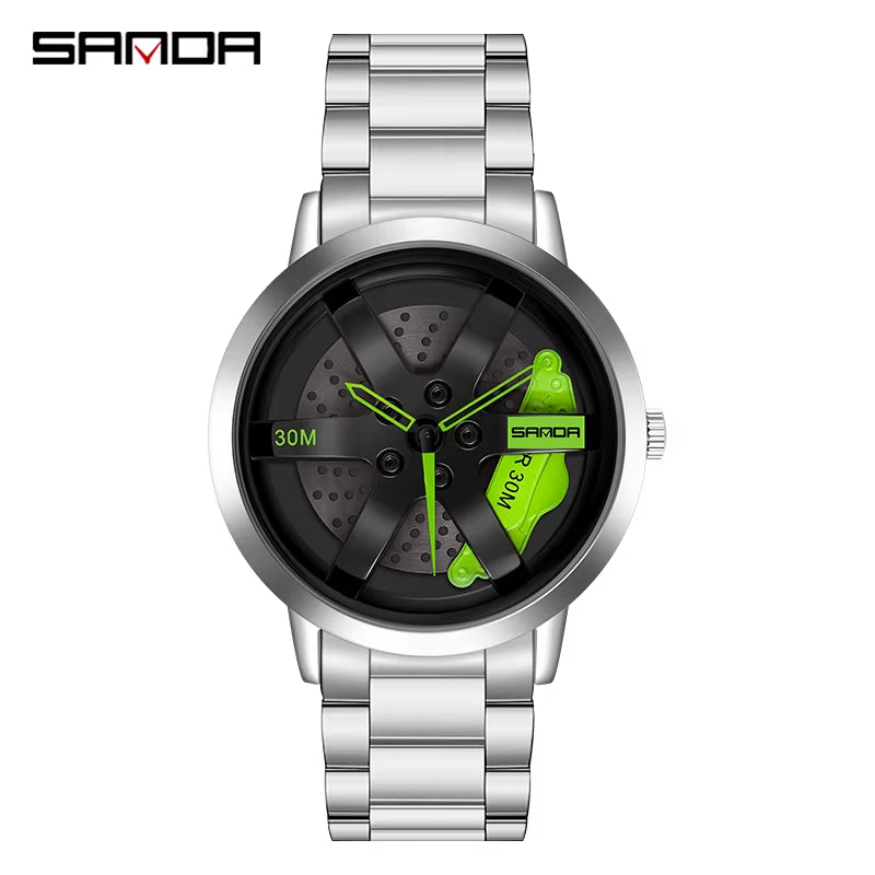 SANDA Men's Luxury Rotating Sport Watch, Stainless Steel Band, 3 Bar Water Resistance, Quartz Precision, Racing Wheel Design