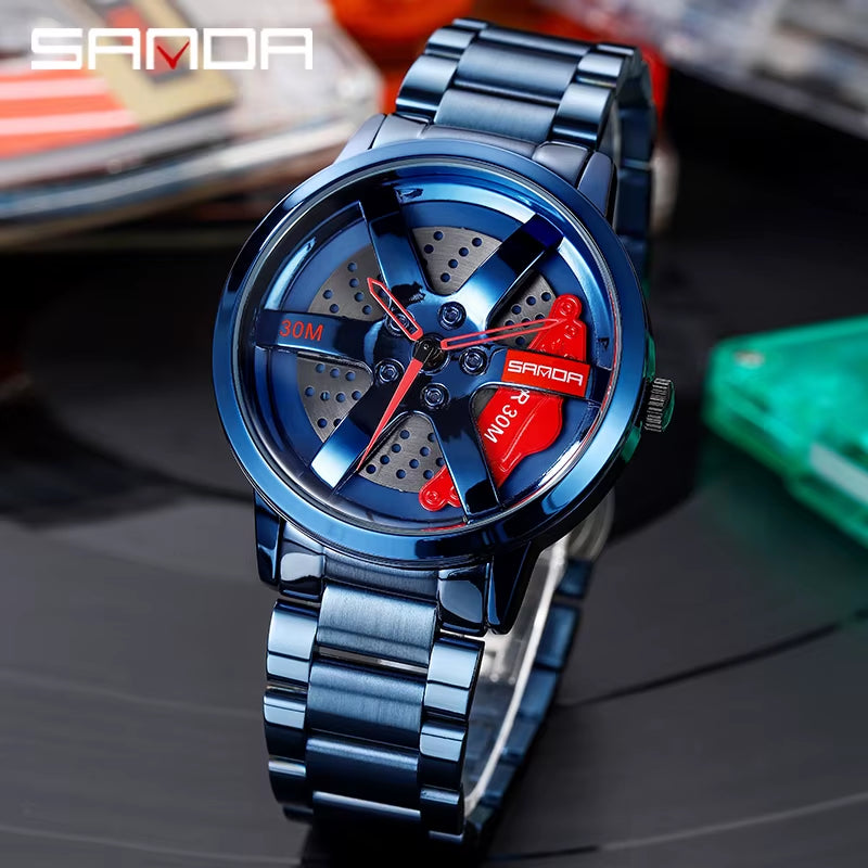 SANDA Men's Luxury Rotating Sport Watch, Stainless Steel Band, 3 Bar Water Resistance, Quartz Precision, Racing Wheel Design