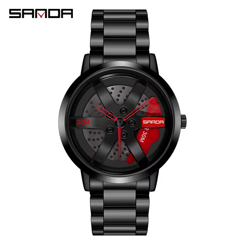 SANDA Men's Luxury Rotating Sport Watch, Stainless Steel Band, 3 Bar Water Resistance, Quartz Precision, Racing Wheel Design