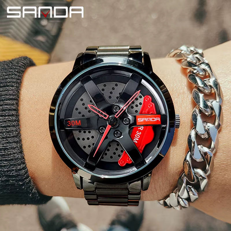 SANDA Men's Luxury Rotating Sport Watch, Stainless Steel Band, 3 Bar Water Resistance, Quartz Precision, Racing Wheel Design